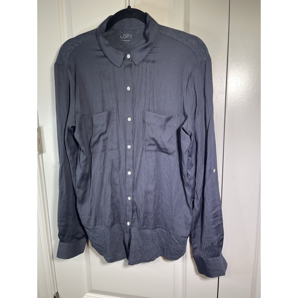 Ann Taylor Loft Blue Long Sleeve Button Down W/ Shoulder & Hem Detail  Medium